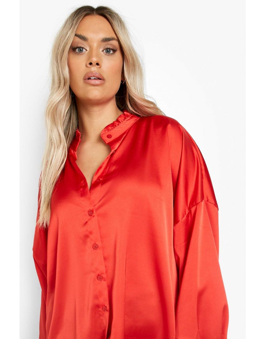 Plus Oversized Satin Shirt - red - 3