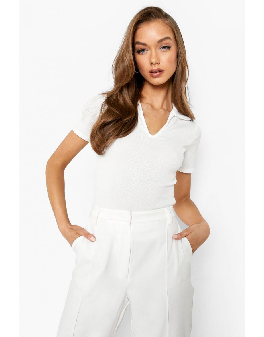 Rib Collared Short Sleeve Top - ivory