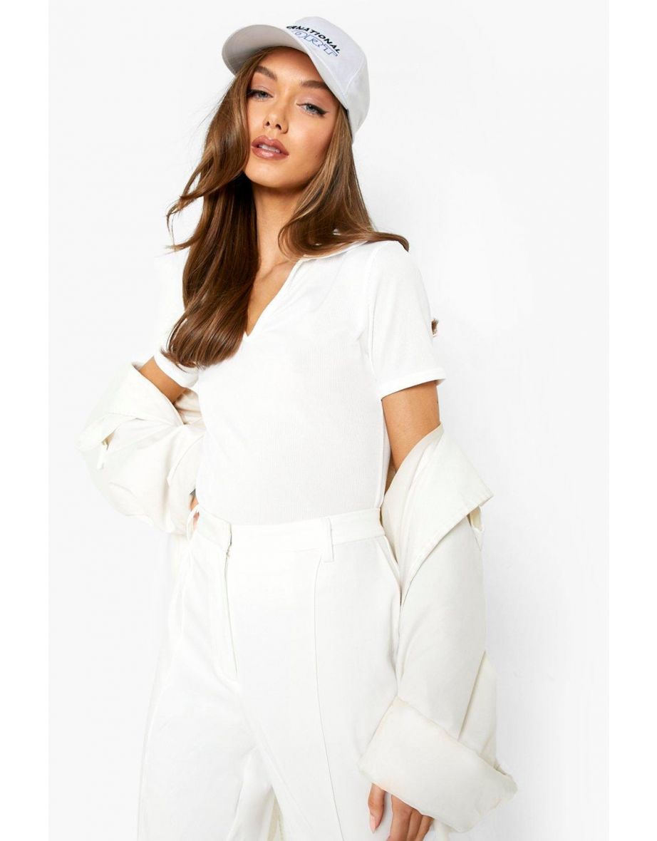 Rib Collared Short Sleeve Top - ivory - 3