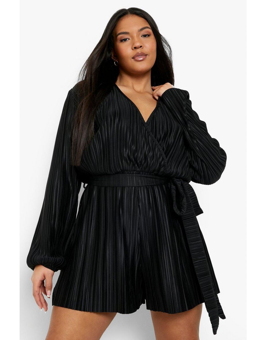 Plus Plisse Wrap Belted Playsuit - black - 3