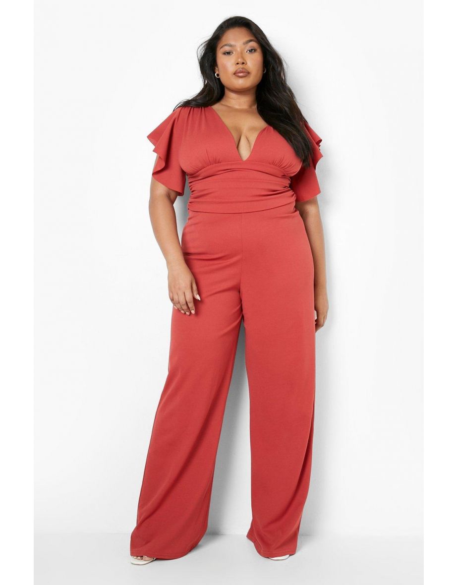 Plus Angel Sleeve V Neck Wide Leg Jumpsuit - rust