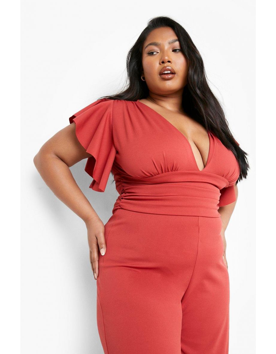 Plus Angel Sleeve V Neck Wide Leg Jumpsuit - rust - 3