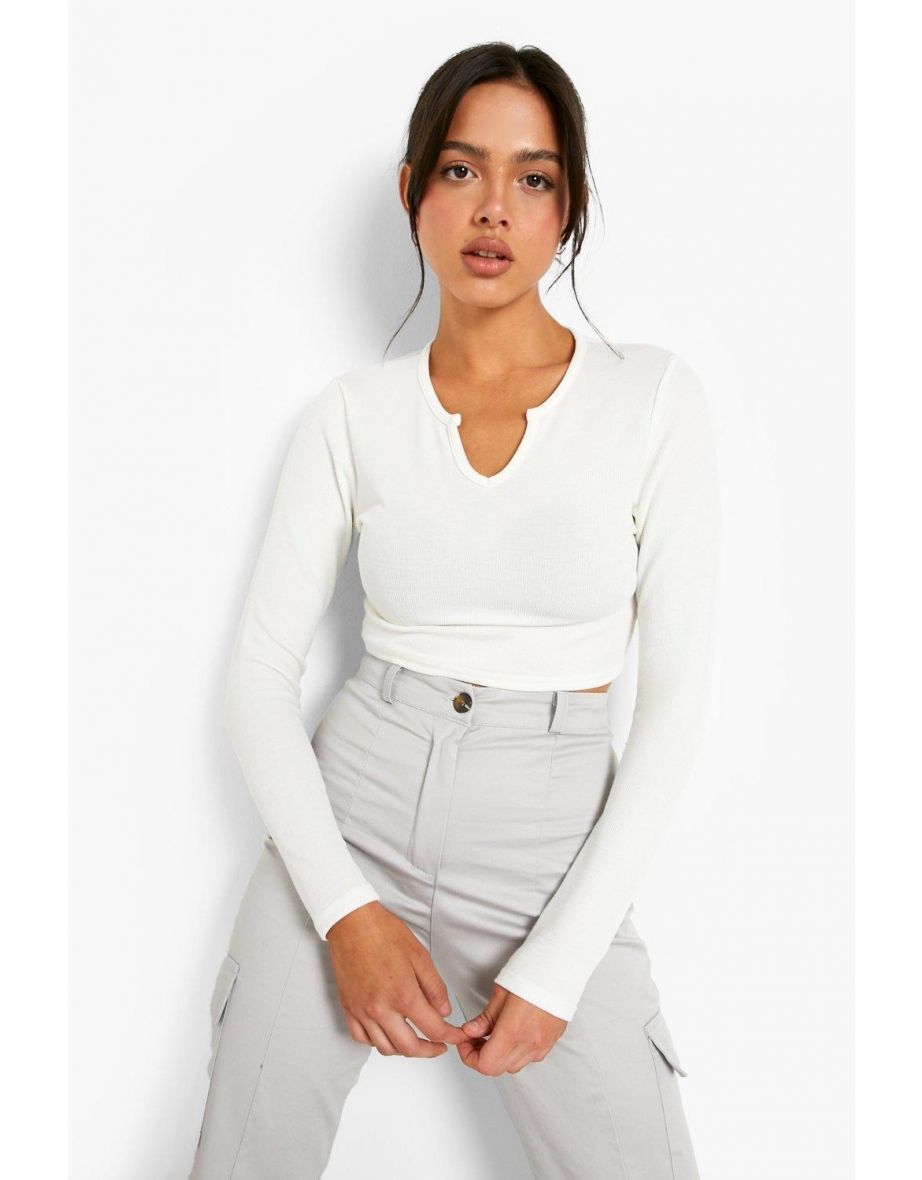 Ribbed Notch Neck Crop Top - ecru
