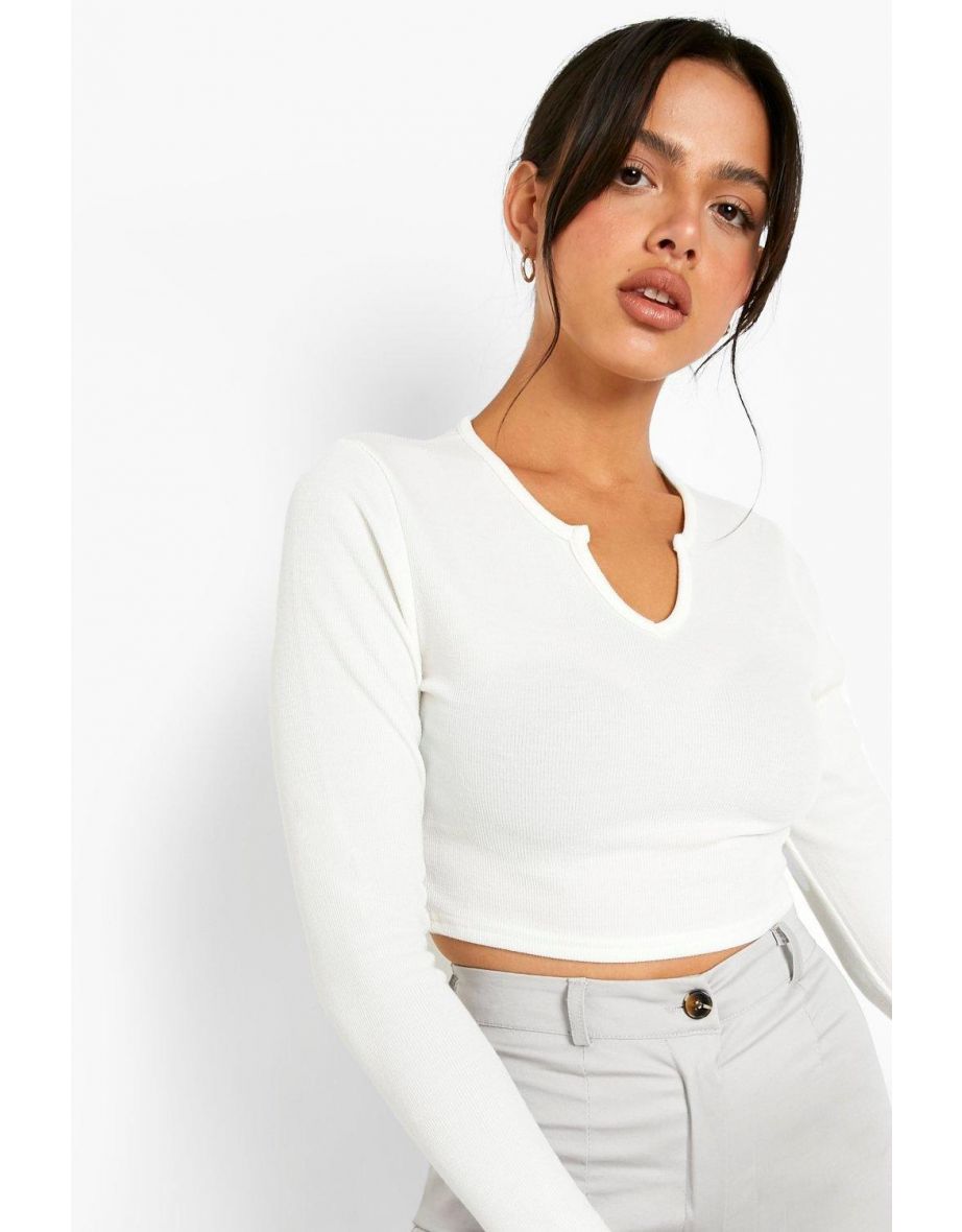 Ribbed Notch Neck Crop Top - ecru - 3