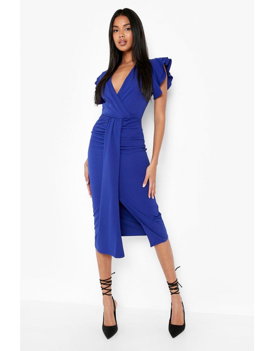 Scuba Ruffle Wrap Draped Midi Dress - cobalt