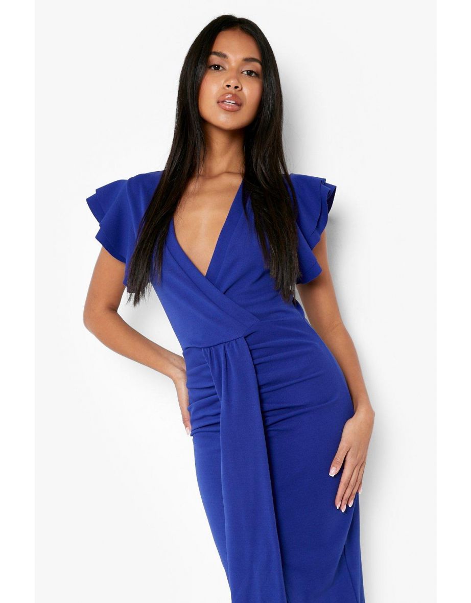 Scuba Ruffle Wrap Draped Midi Dress - cobalt - 3