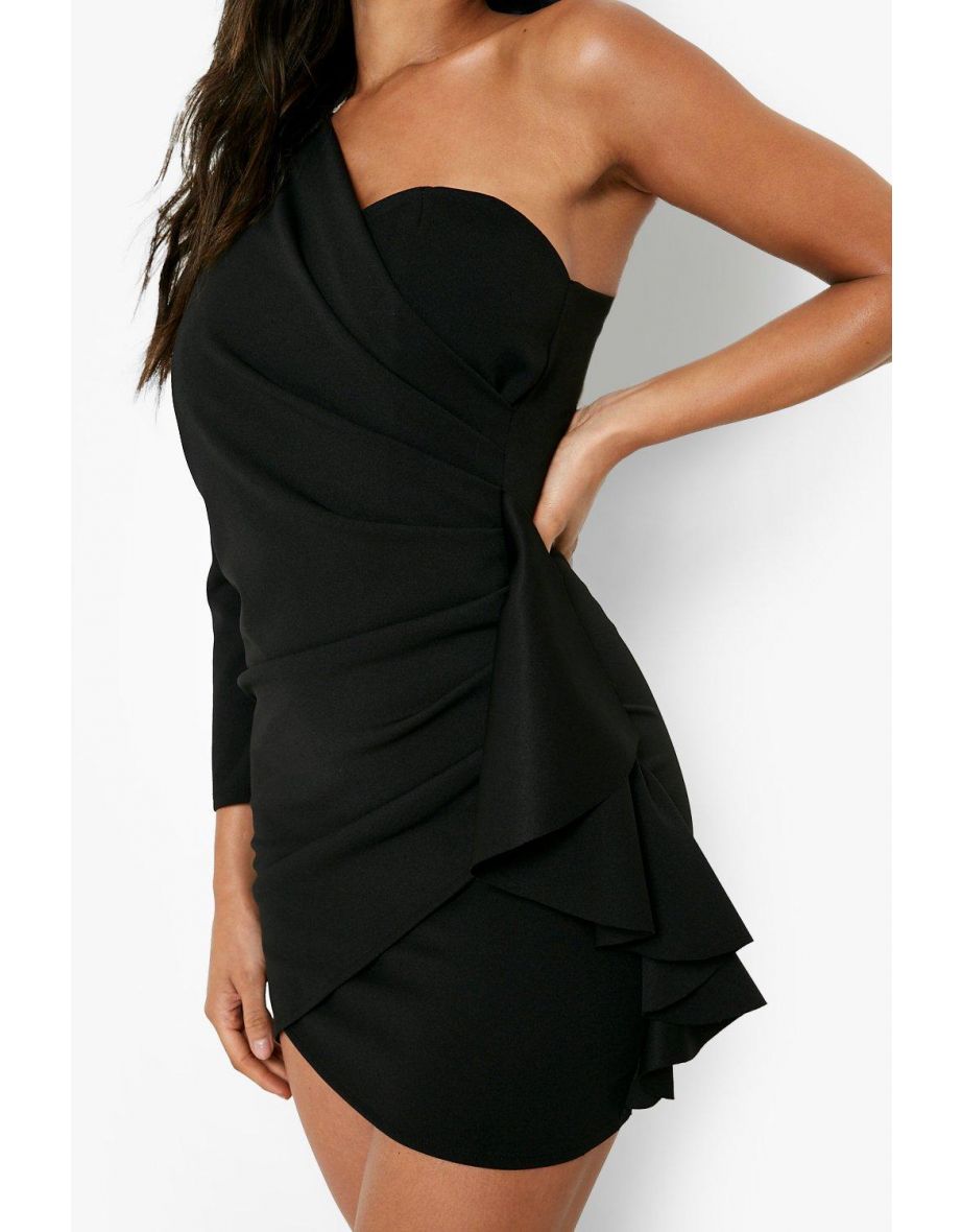 One Sleeve Drape Mini Dress - black - 3