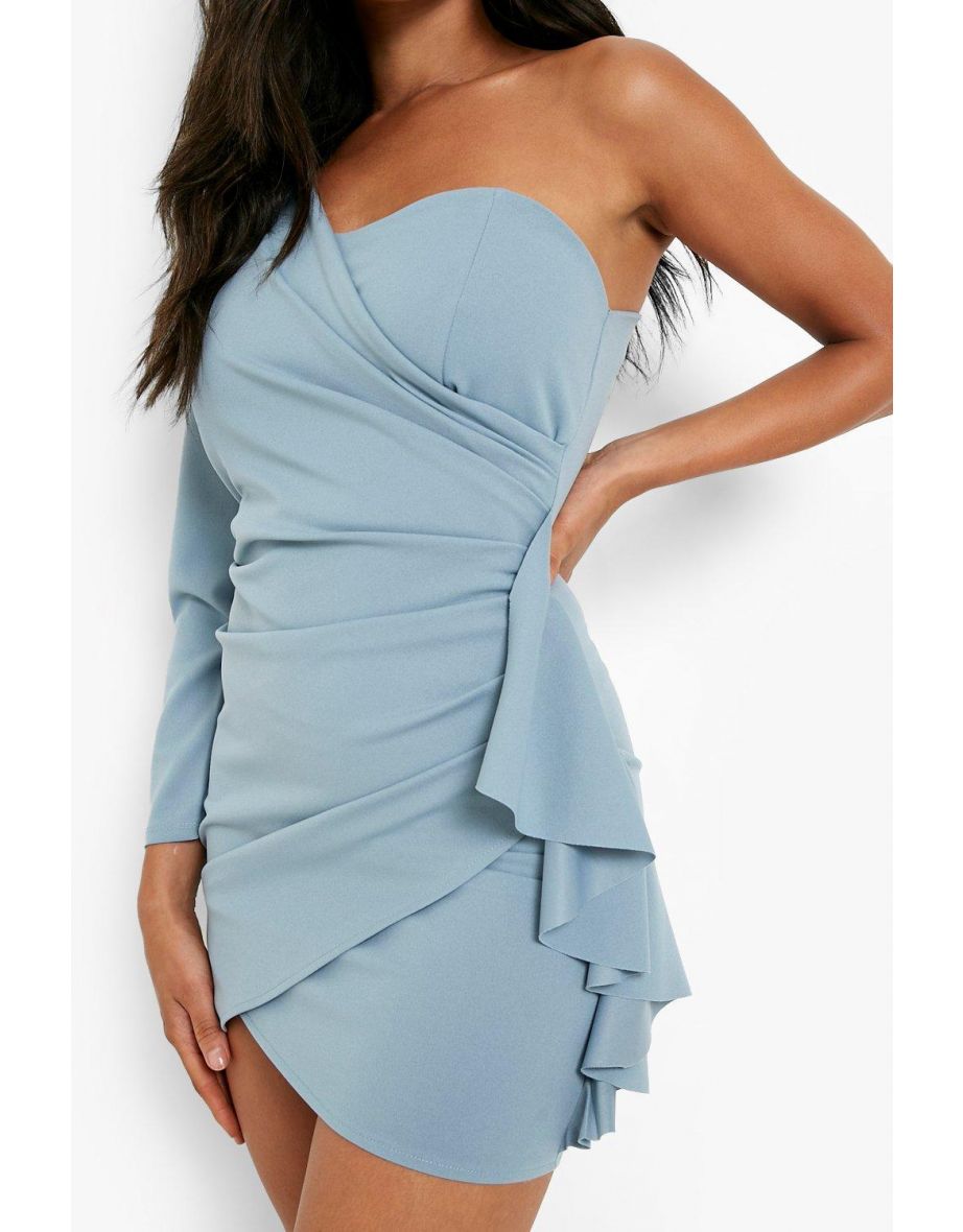 One Sleeve Drape Mini Dress - light blue - 3