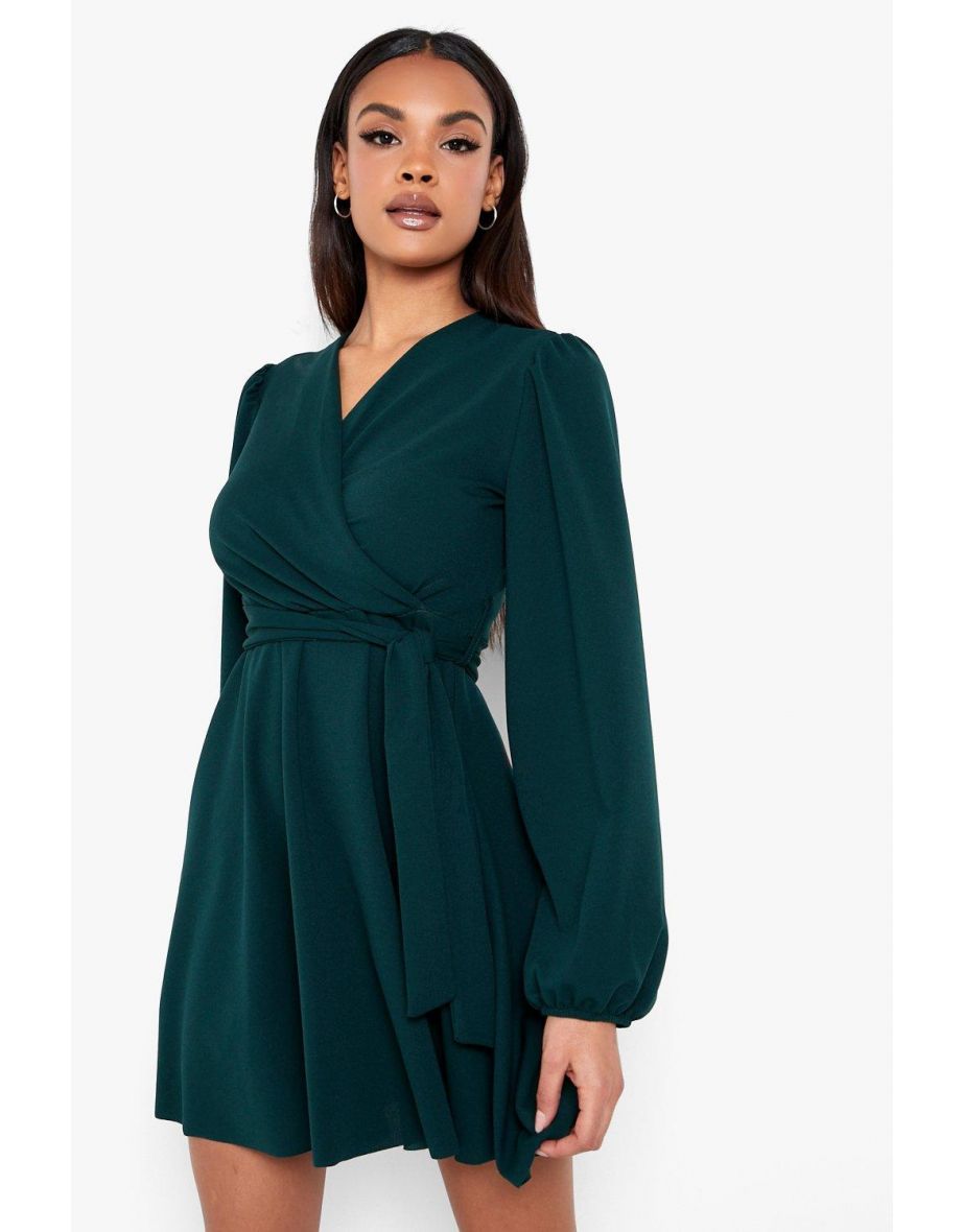 Balloon Sleeve Wrap Midi Skater Dress - bottle green