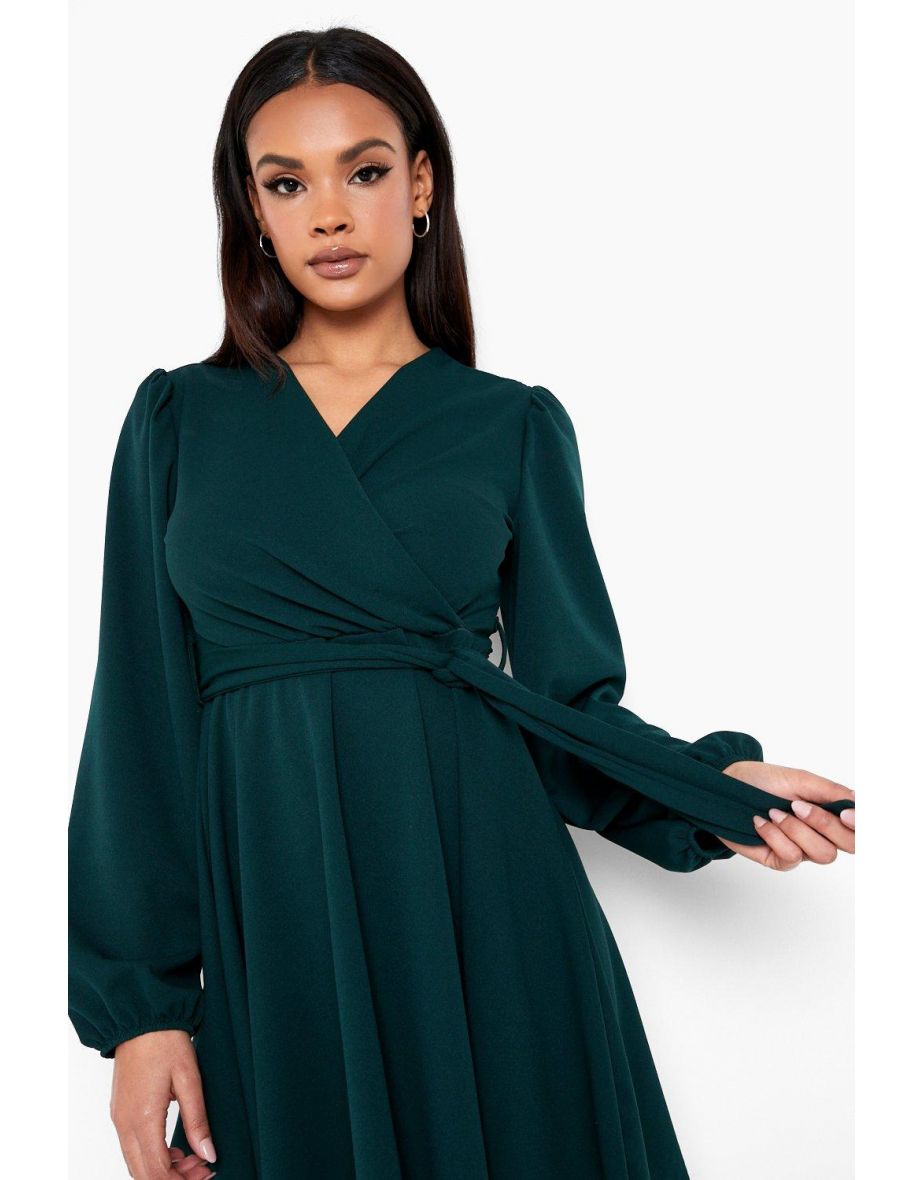 Balloon Sleeve Wrap Midi Skater Dress - bottle green - 3