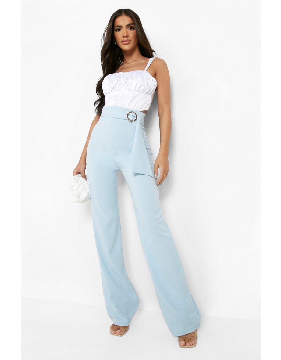 O-ring Belted Straight Leg Crepe Trouser - pale blue