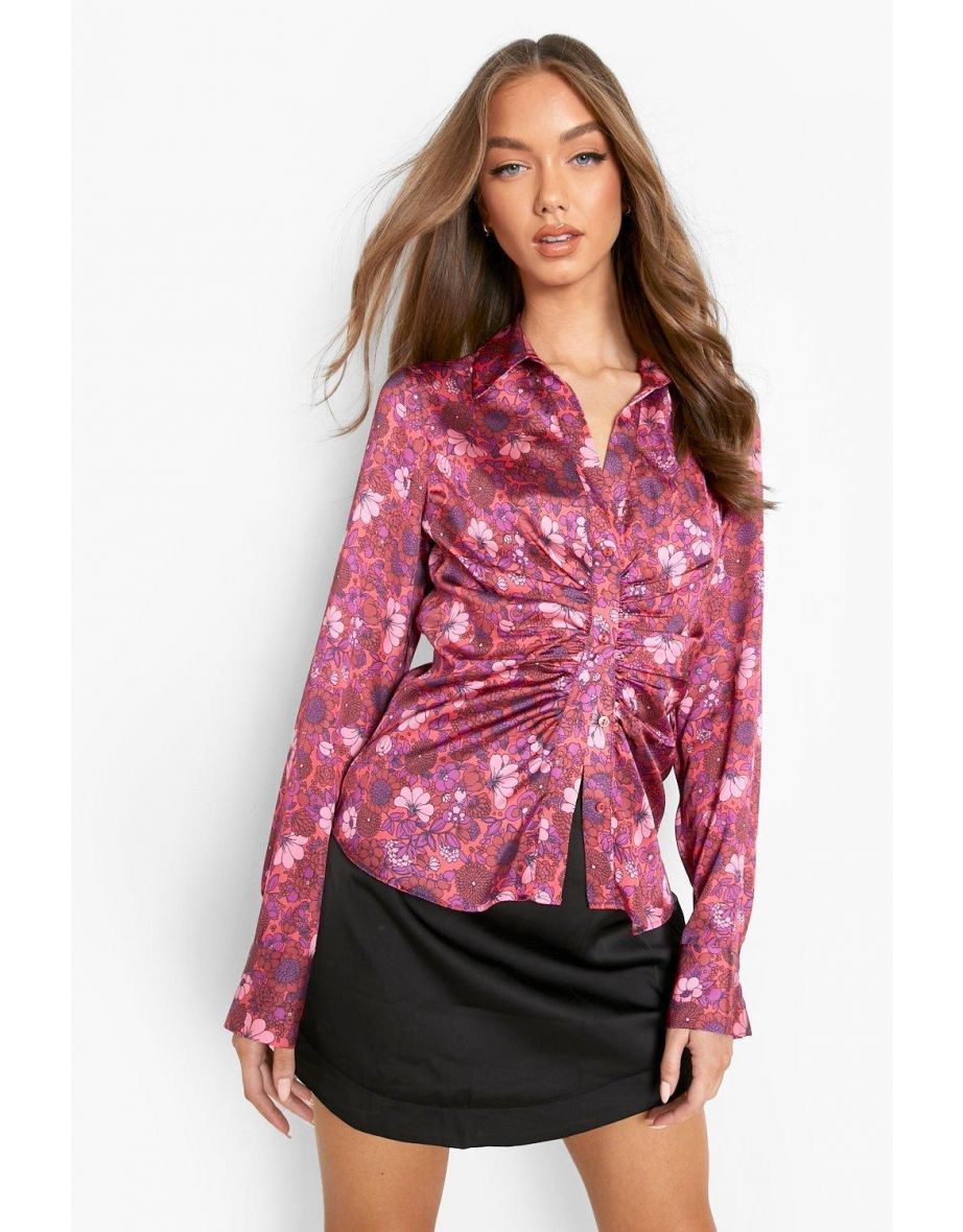 Floral Print Ruched Front Woven Shirt - pink