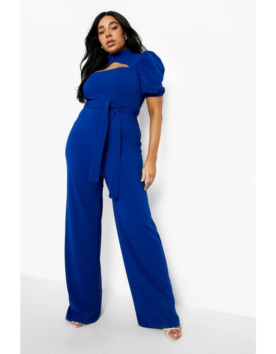 Plus Choker Cut Out Puff Sleeve Jumpsuit - cobalt
