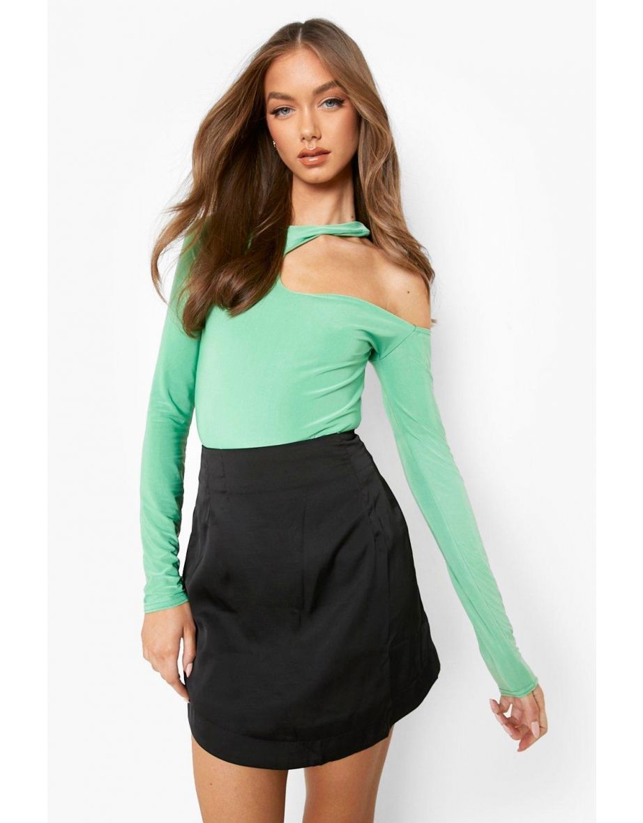 Double Layer Slash Neck Long Sleeve Bodysuit - bright green