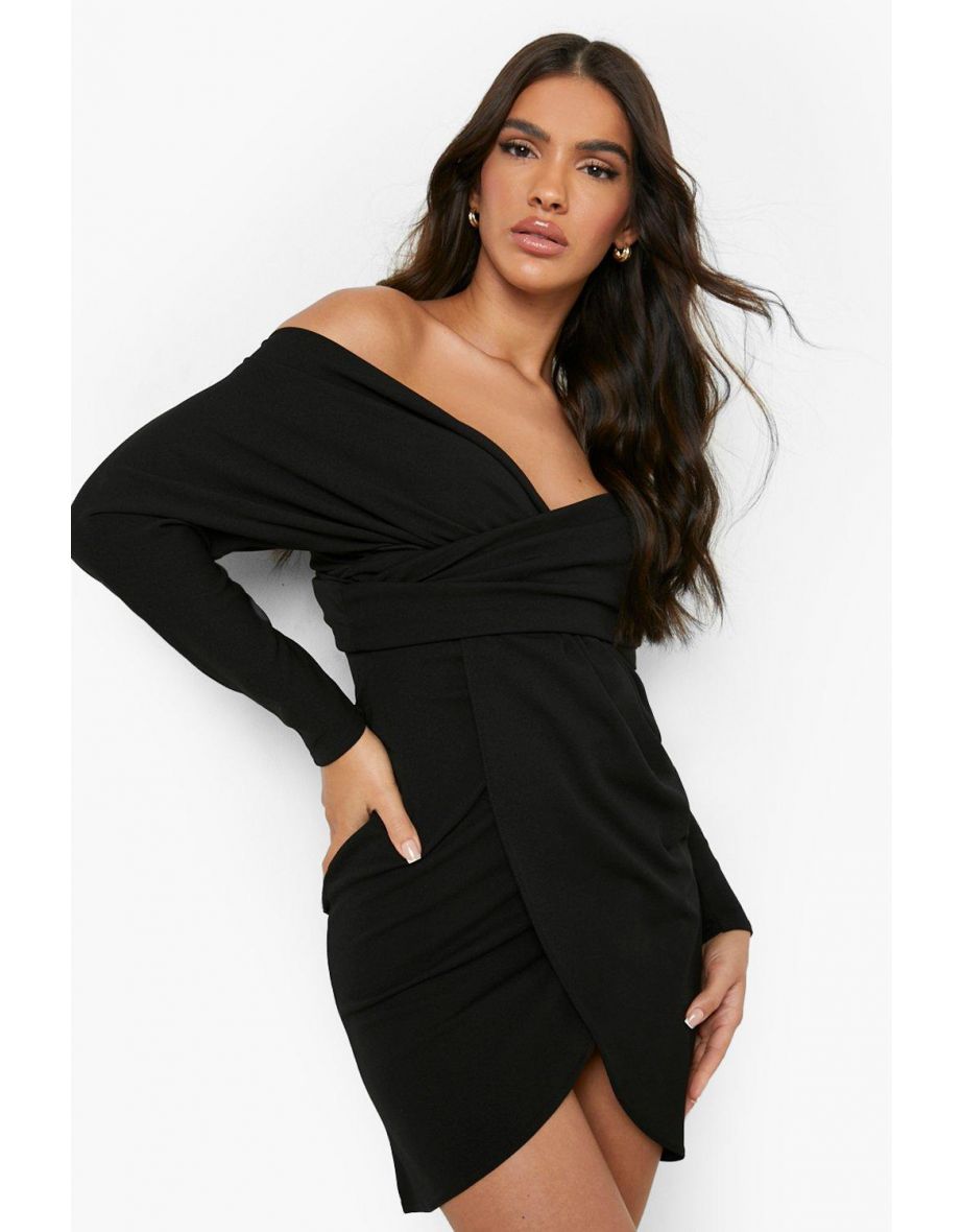 Bardot Wrap Front Midi Dress - black