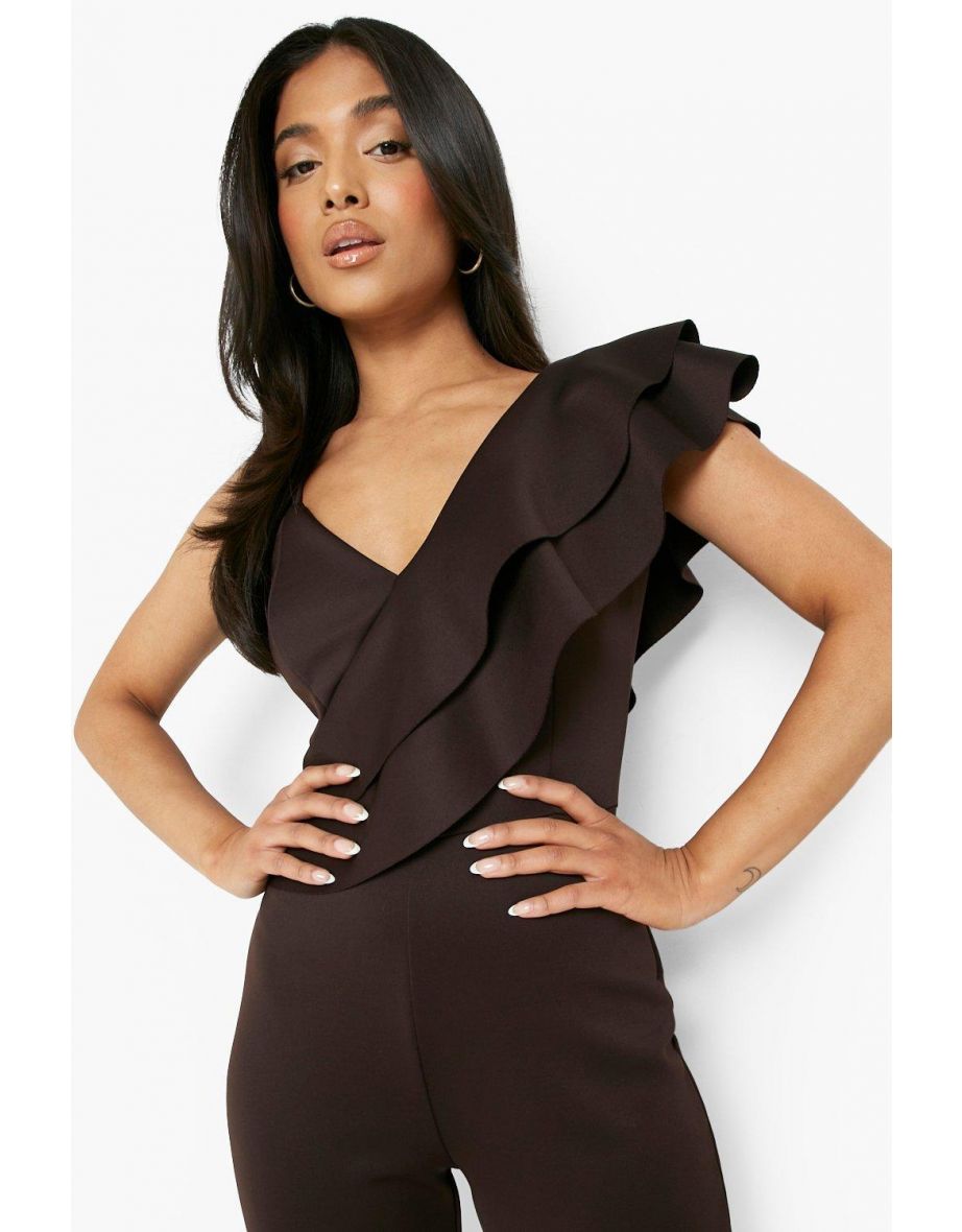 Petite Asymmetric Ruffle Skinny Leg Jumpsuit - chocolate - 3