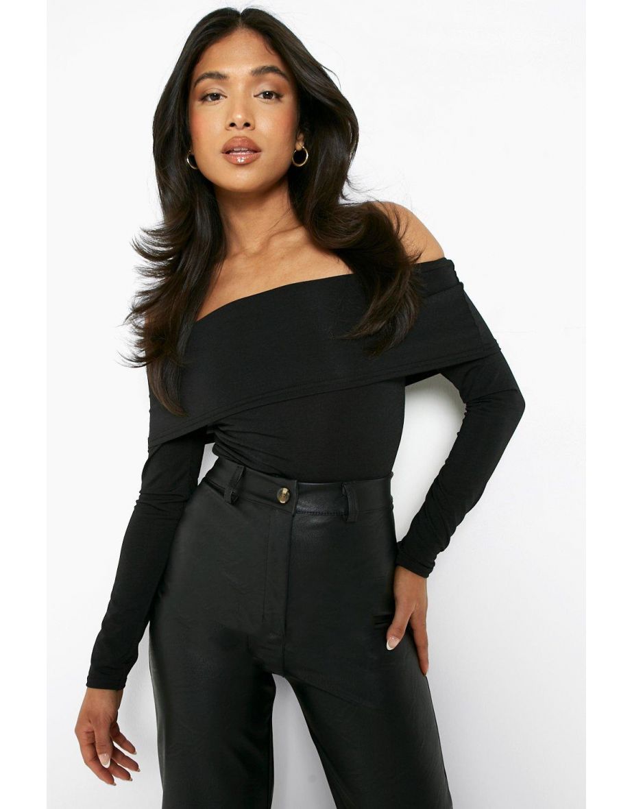 Petite Off The Shoulder Slinky Bodysuit - black