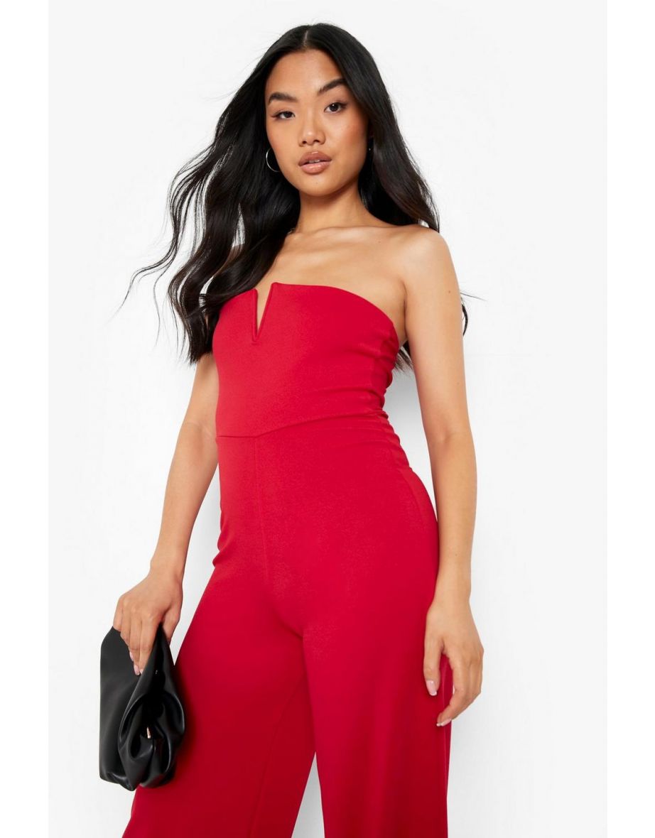 Petite V Bar Bandeau Wide Leg Jumpsuit - red - 3