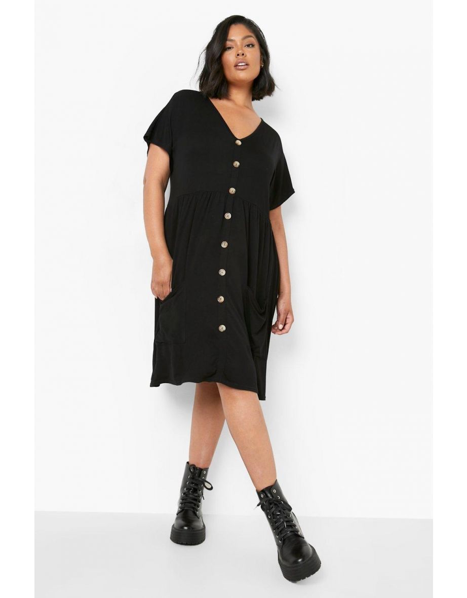 Plus Jersey Button Down Pocket Smock Dress - black
