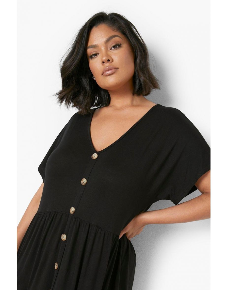 Plus Jersey Button Down Pocket Smock Dress - black - 3