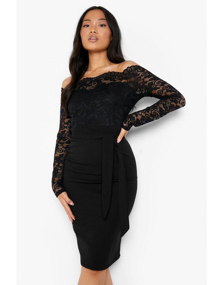 Petite Off The Shoulder Lace Bardot Midi Dress - black - 3