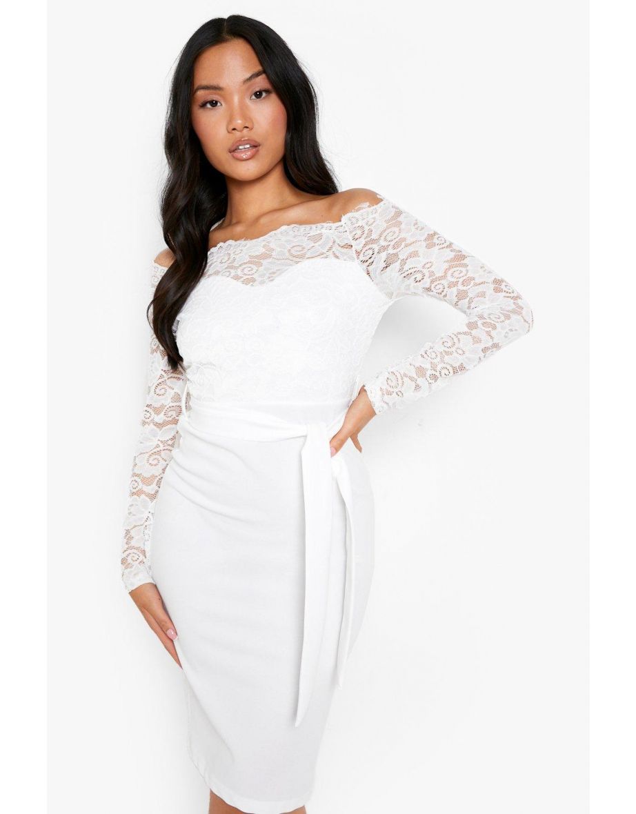 Petite Off The Shoulder Lace Bardot Midi Dress - white - 3