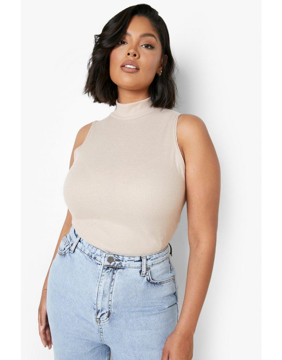 Plus Knitted Rib High Neck Top - stone