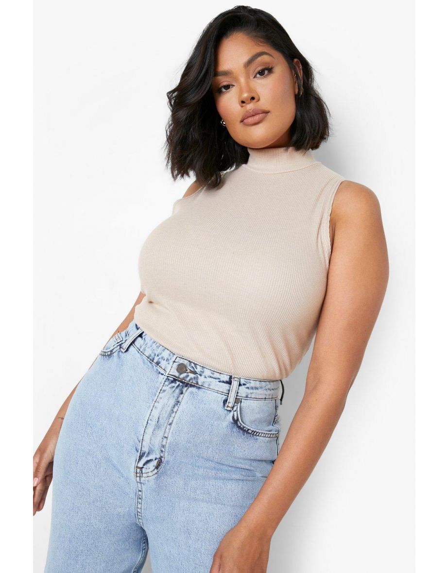 Plus Knitted Rib High Neck Top - stone - 3