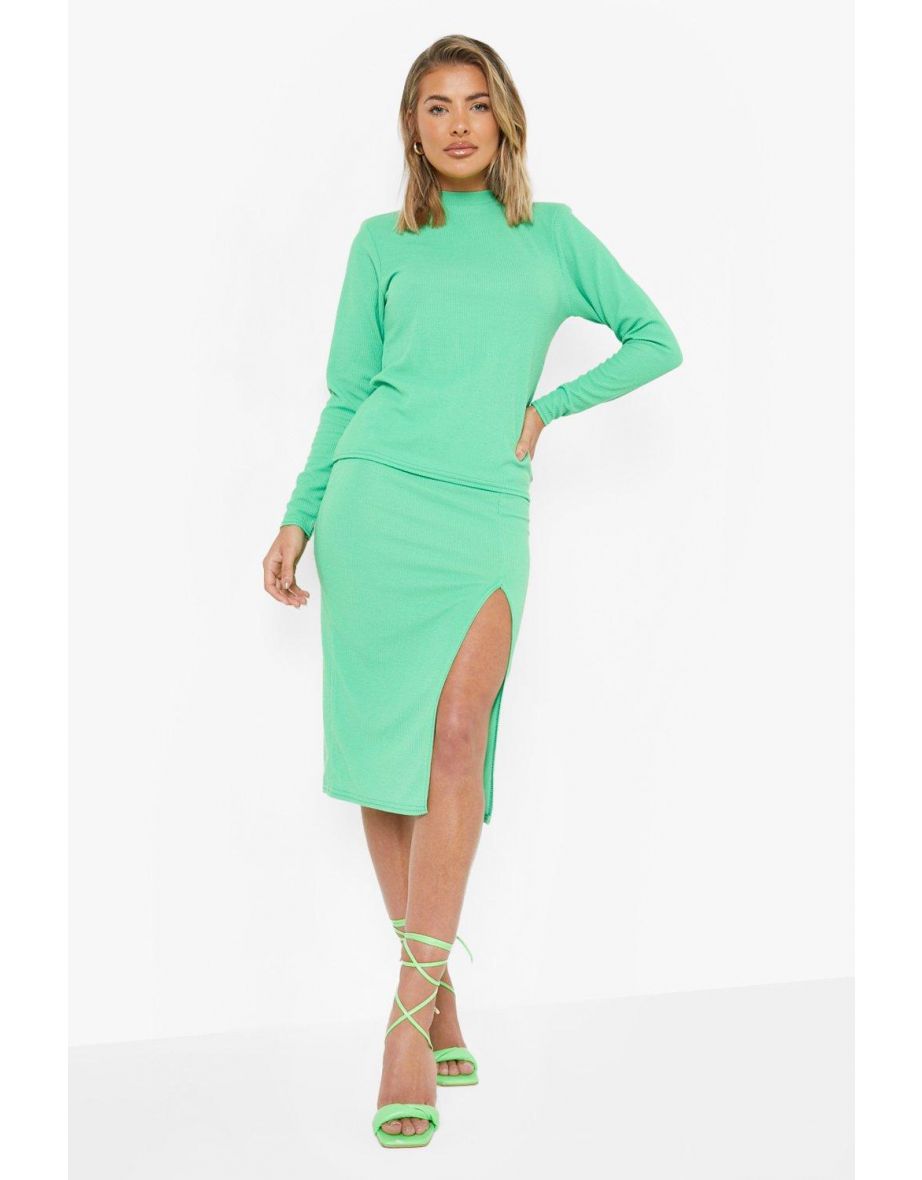Ribbed Shoulder Pad Top & Split Midi Skirt - bright green