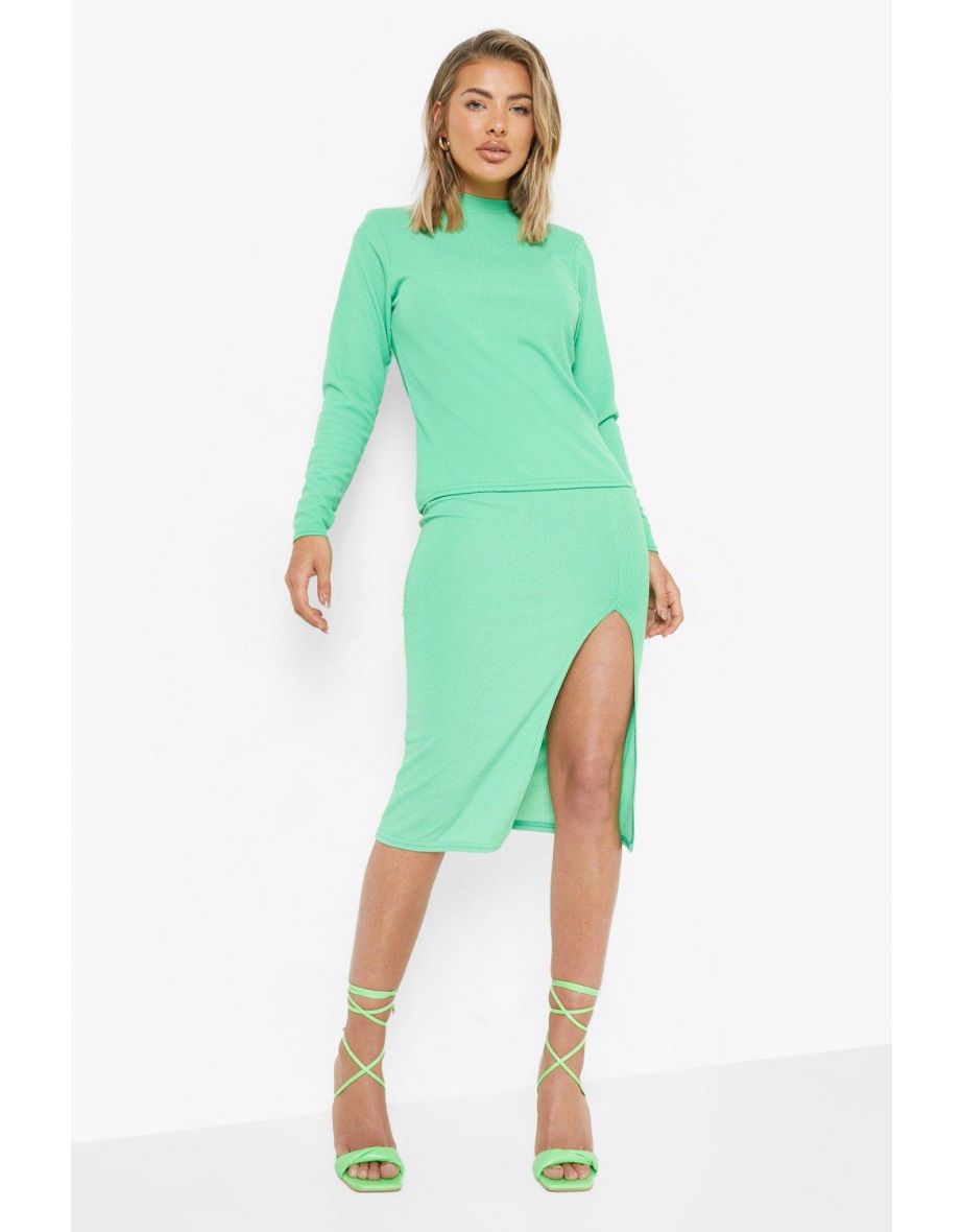 Ribbed Shoulder Pad Top & Split Midi Skirt - bright green - 3