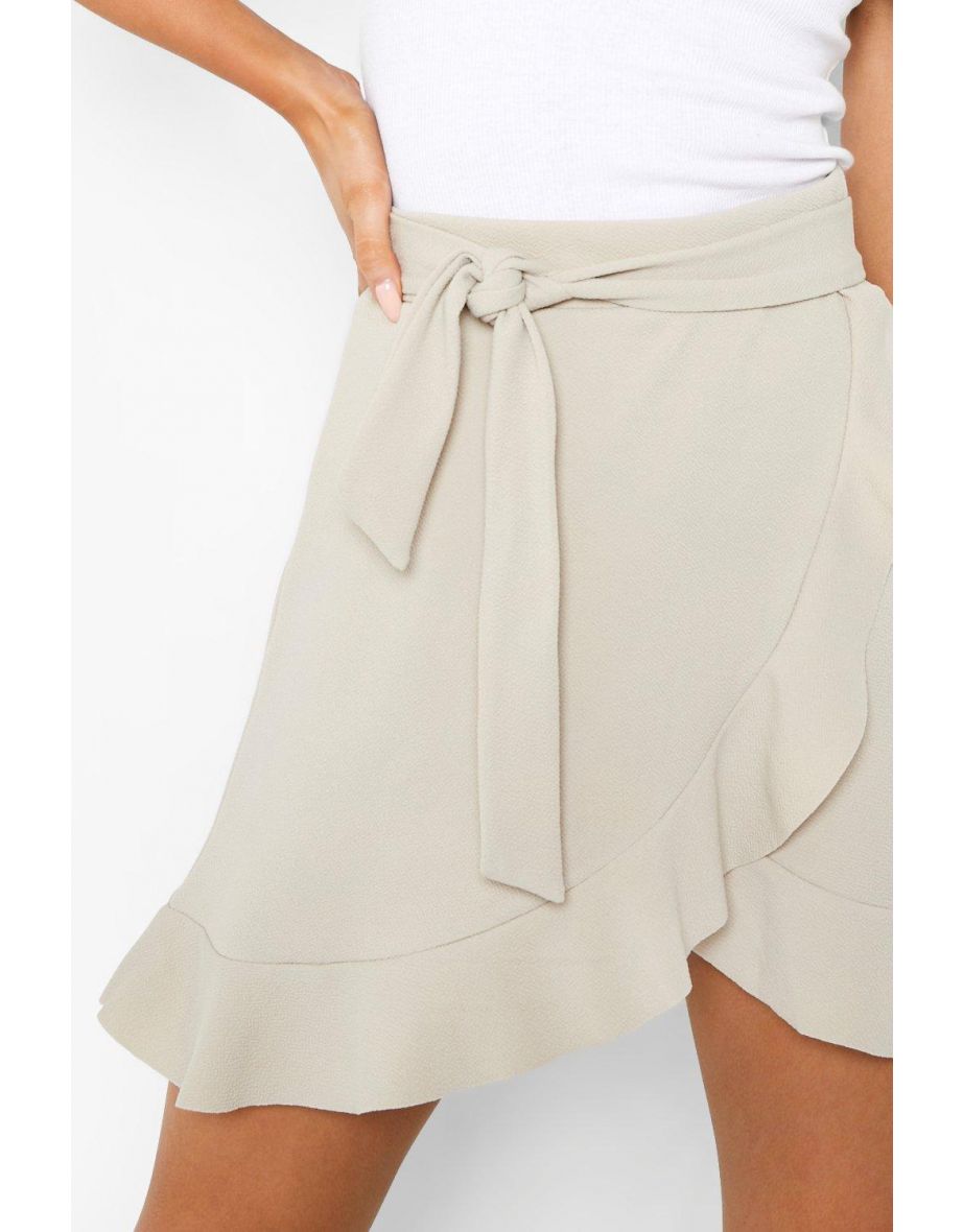 Belted Frill Hem Crepe Mini Skirt - beige - 3