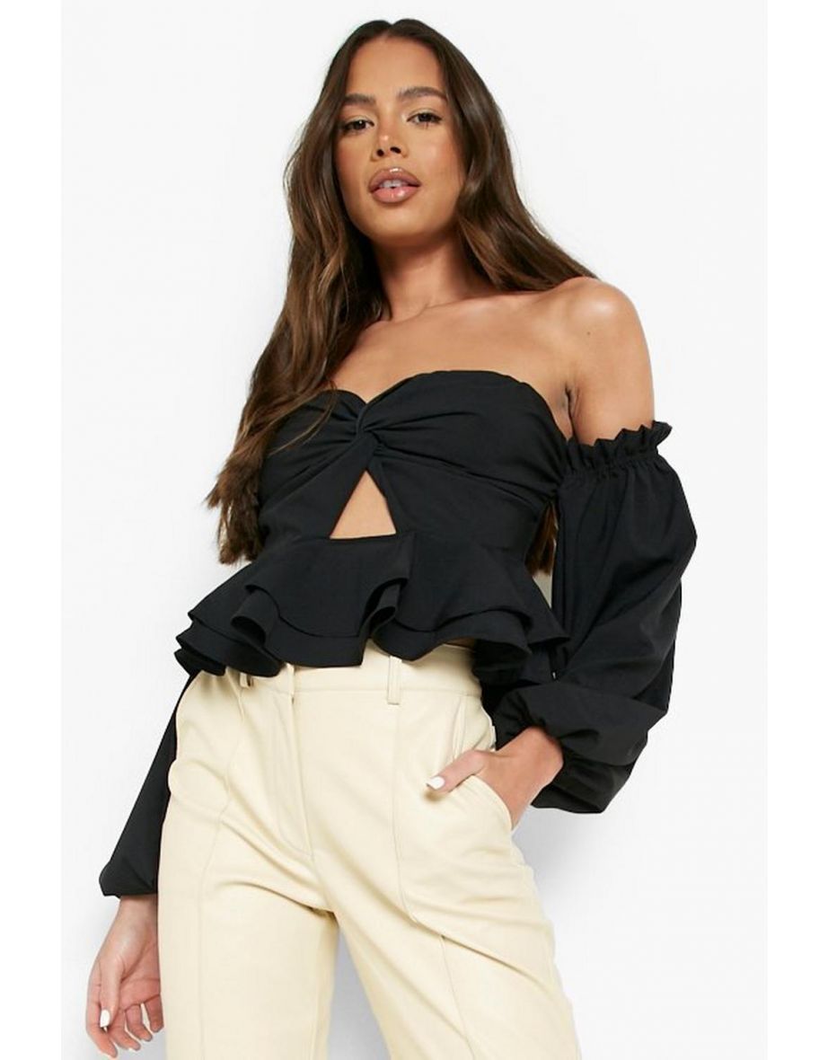 Woven Twist Front Ruffle Top - black