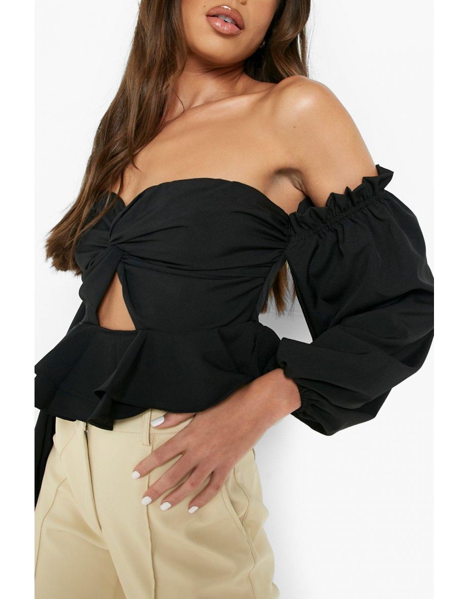 Woven Twist Front Ruffle Top - black - 3