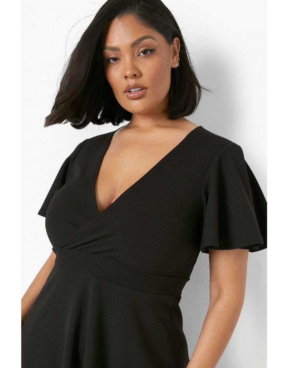 Plus Wrap Angel Sleeve Midi Skater Dress - black - 3