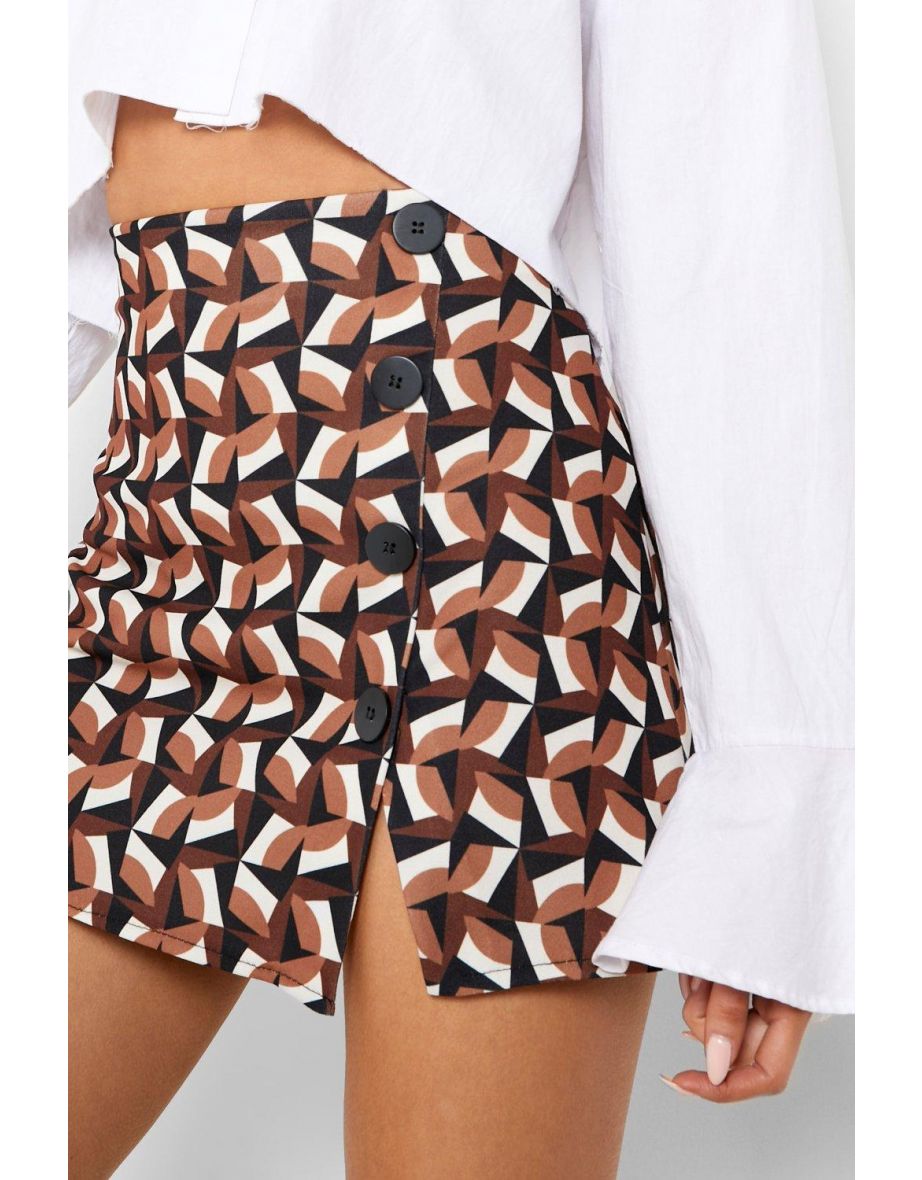 Retro Print Button Front Mini Skirt - beige - 3