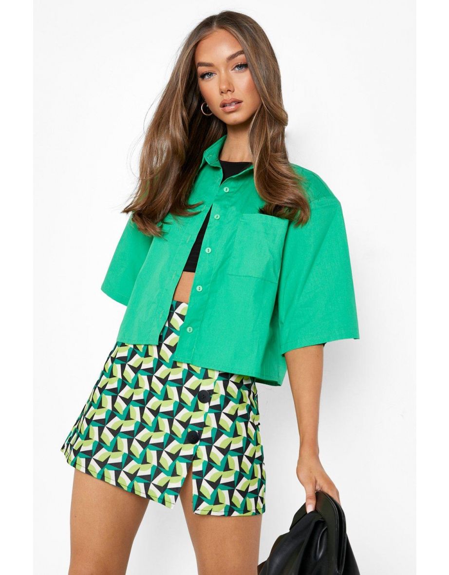 Retro Print Button Front Mini Skirt - green