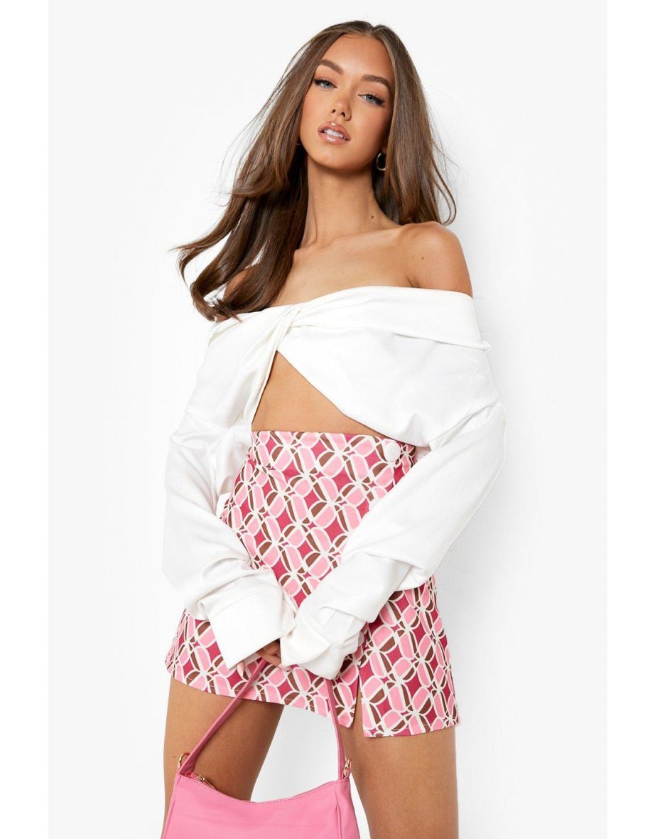 Retro Print Button Front Mini Skirt - pink - 3