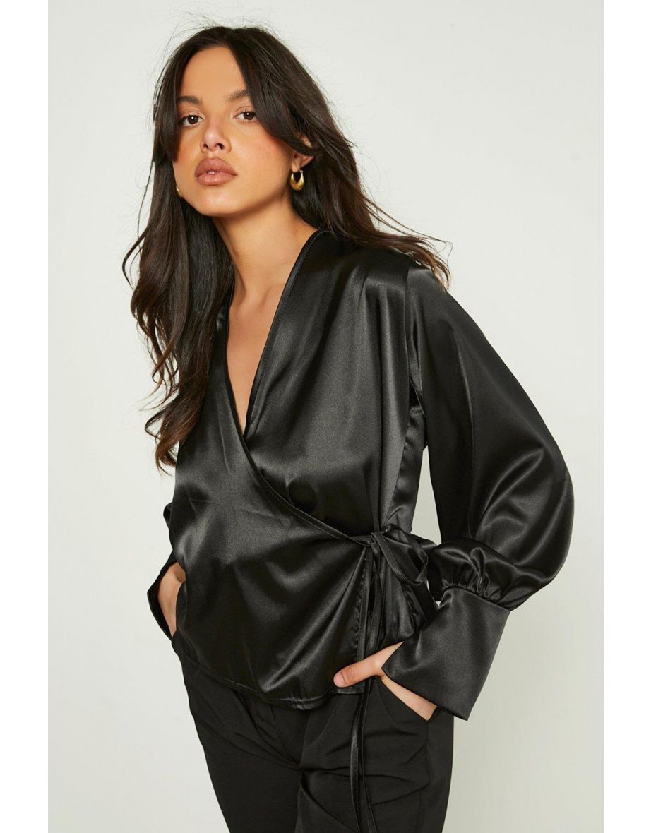 Satin Wrap Plunge Blouse - black