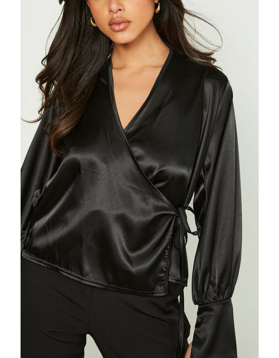 Satin Wrap Plunge Blouse - black - 3