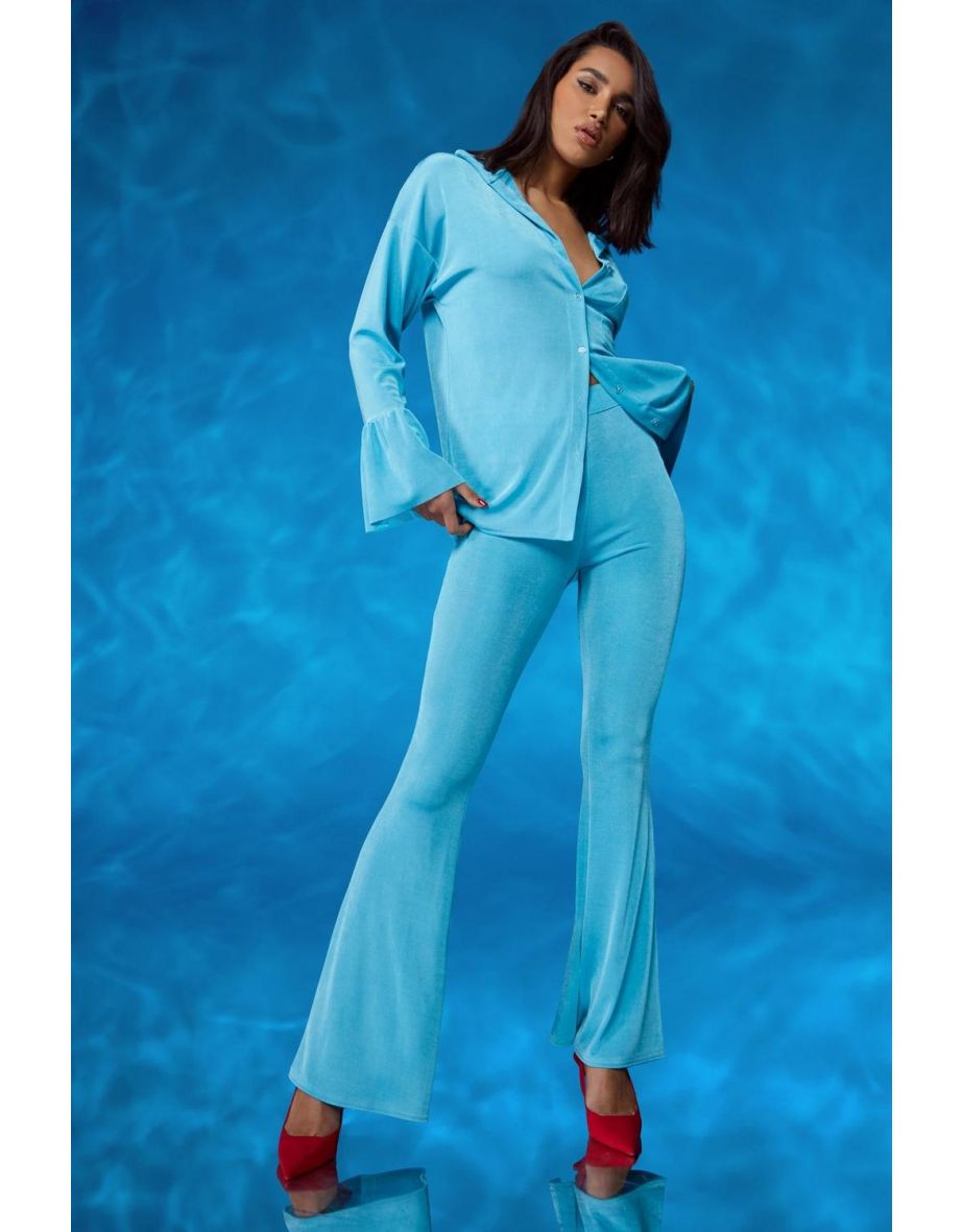 Acetate Slinky Flare Shirt Co-ord - aqua