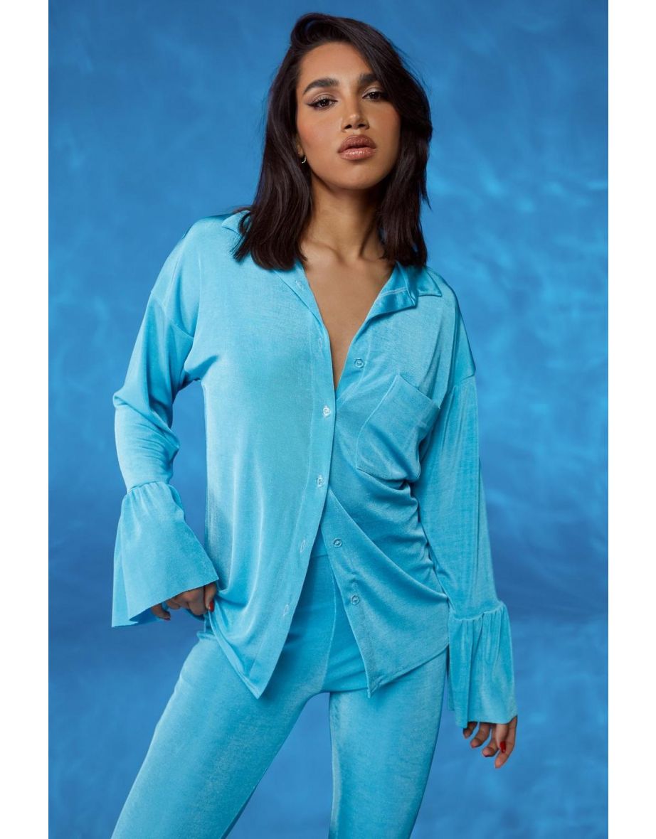Acetate Slinky Flare Shirt Co-ord - aqua - 3