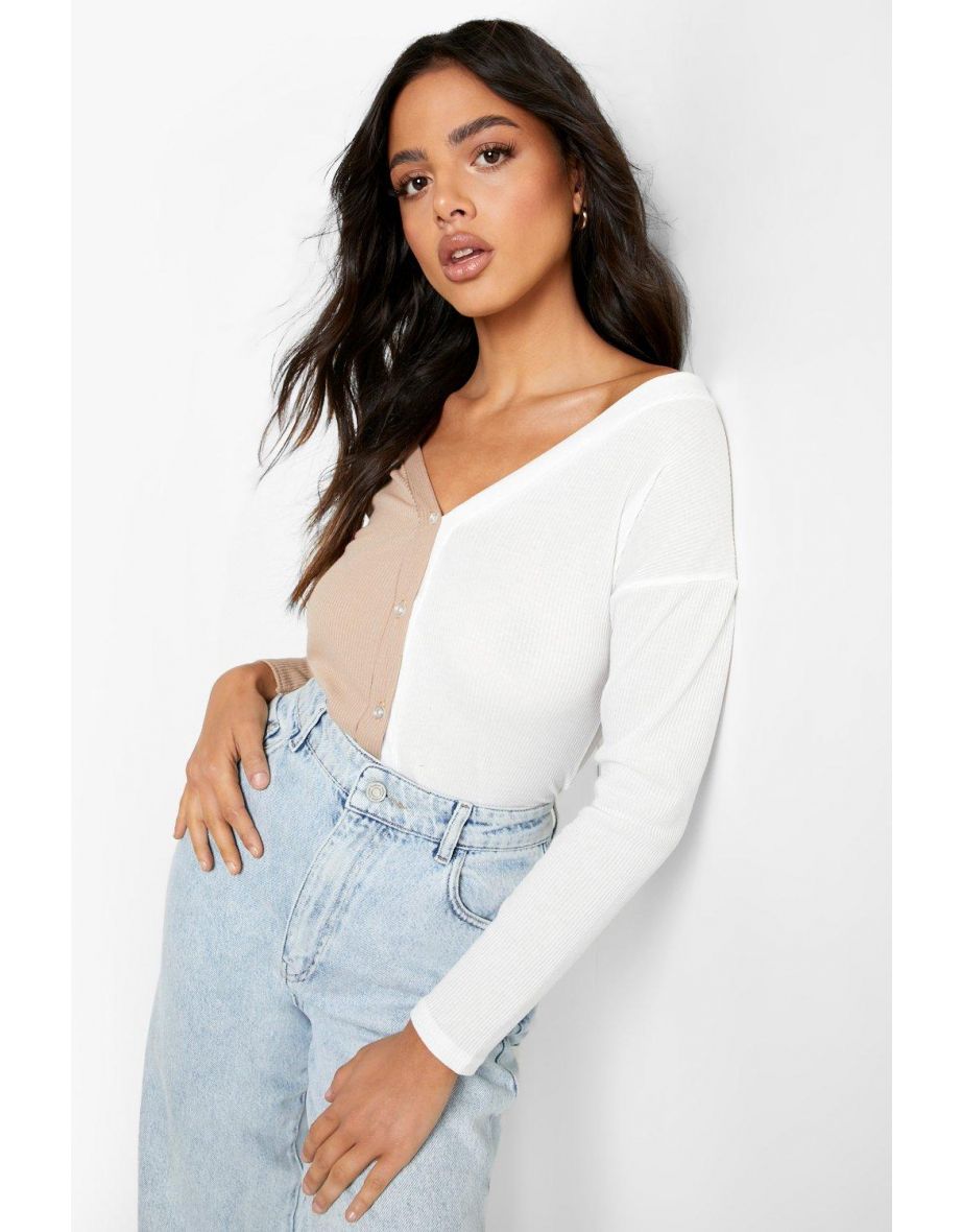 Off The Shoulder Button Front Rib Top - stone