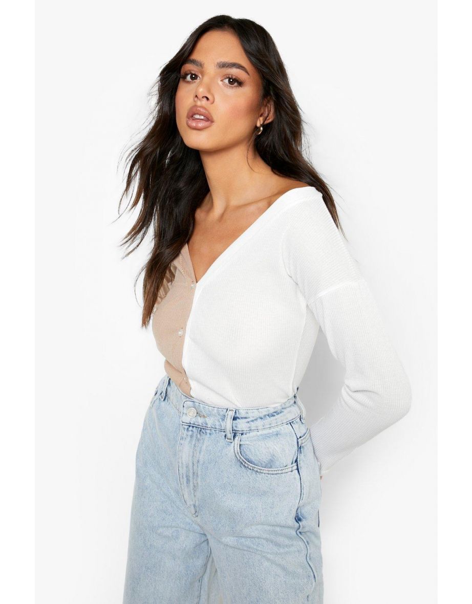Off The Shoulder Button Front Rib Top - stone - 3