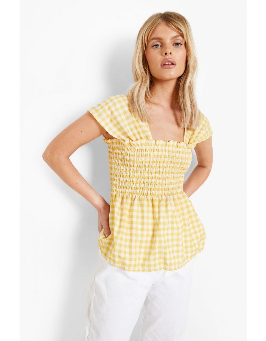 Gingham Sheered Detail Peplum Top - lemon