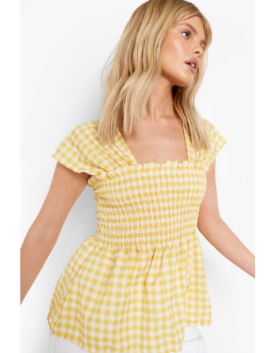 Gingham Sheered Detail Peplum Top - lemon - 3