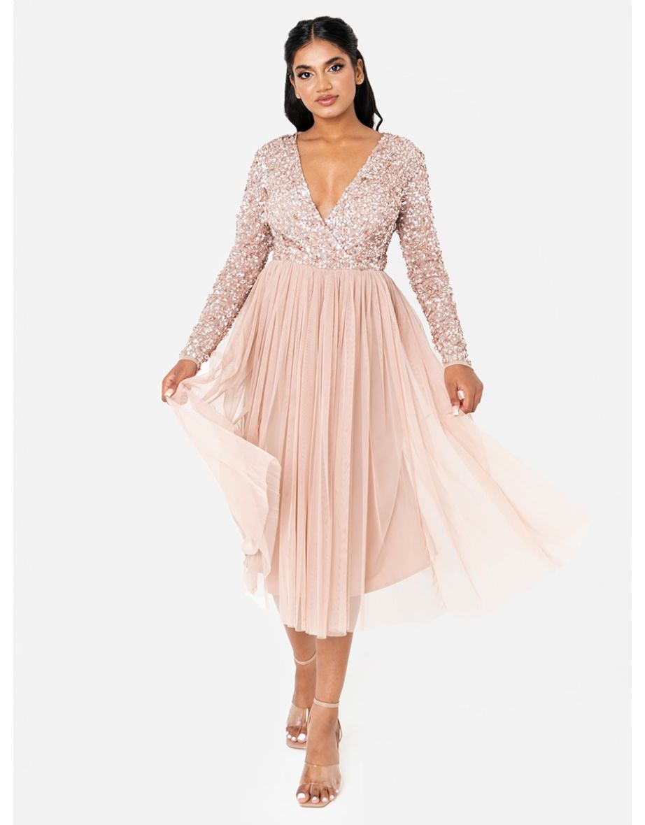 Shop Maya Taupe Blush Faux Wrap Front Embellished Midi Dress Online in Bahrain VogaCloset