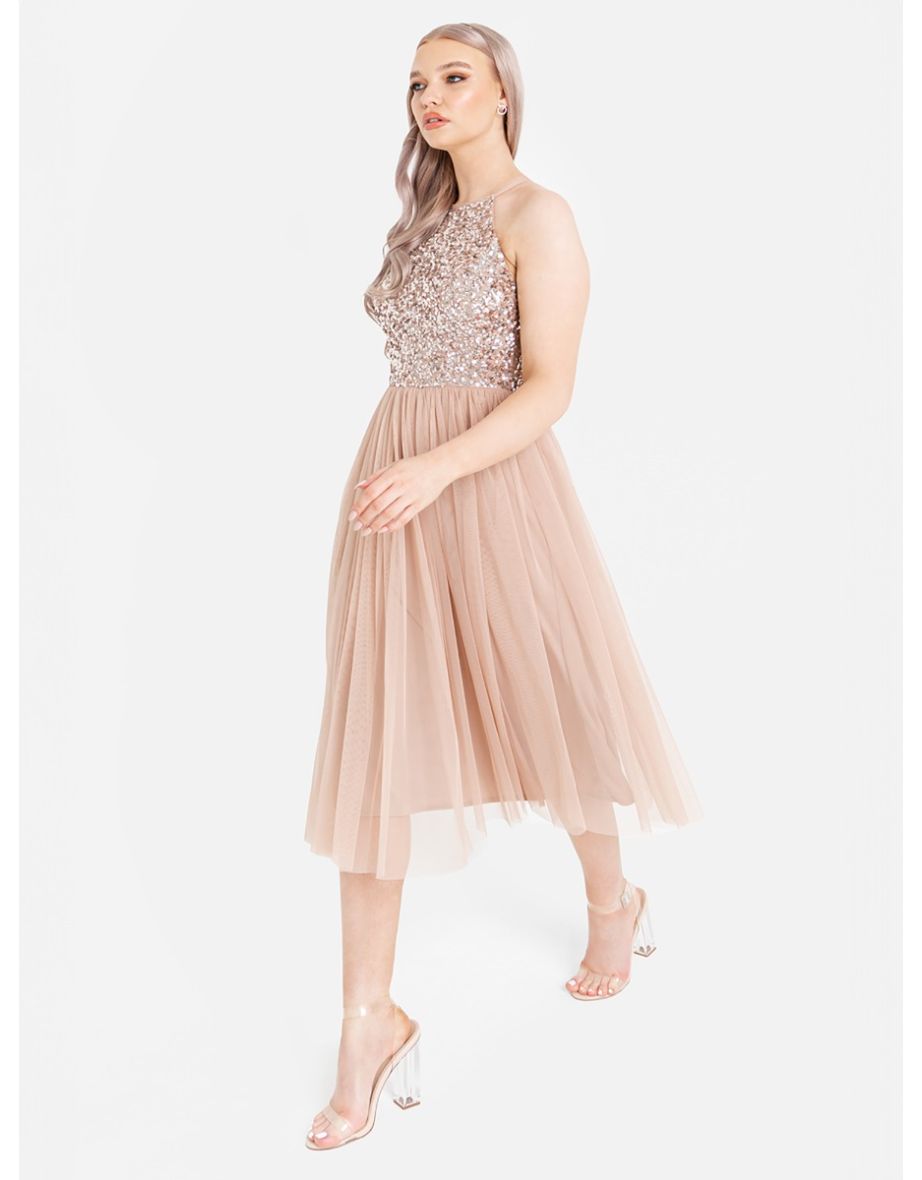 Shop Maya Taupe Blush Embellished Halter Neck Midi Dress Online in Bahrain VogaCloset