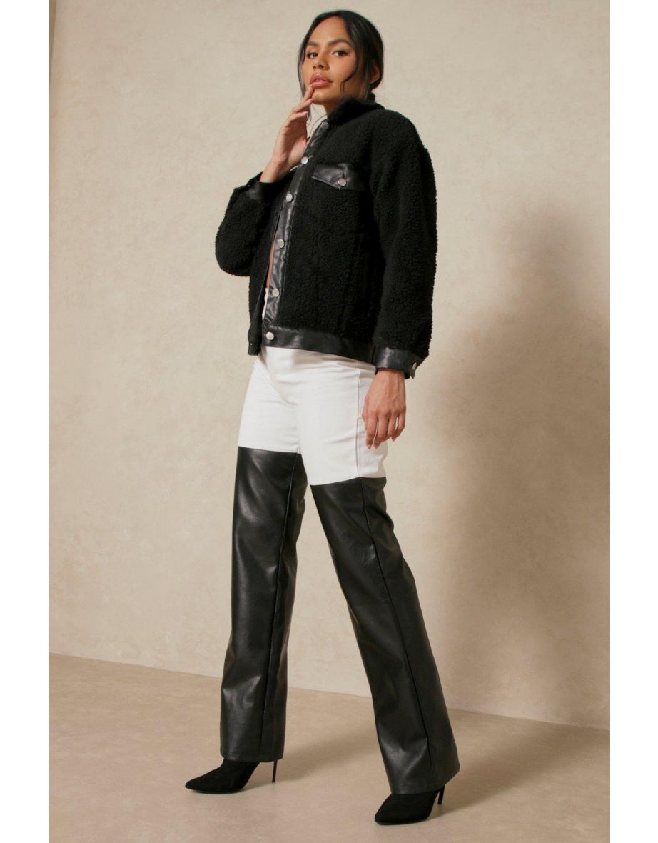 Pu Trim Oversized Borg Pocket Detail Shacket