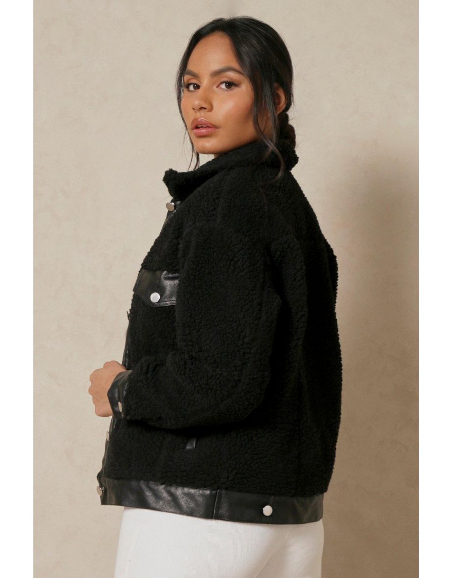 Pu Trim Oversized Borg Pocket Detail Shacket - 2