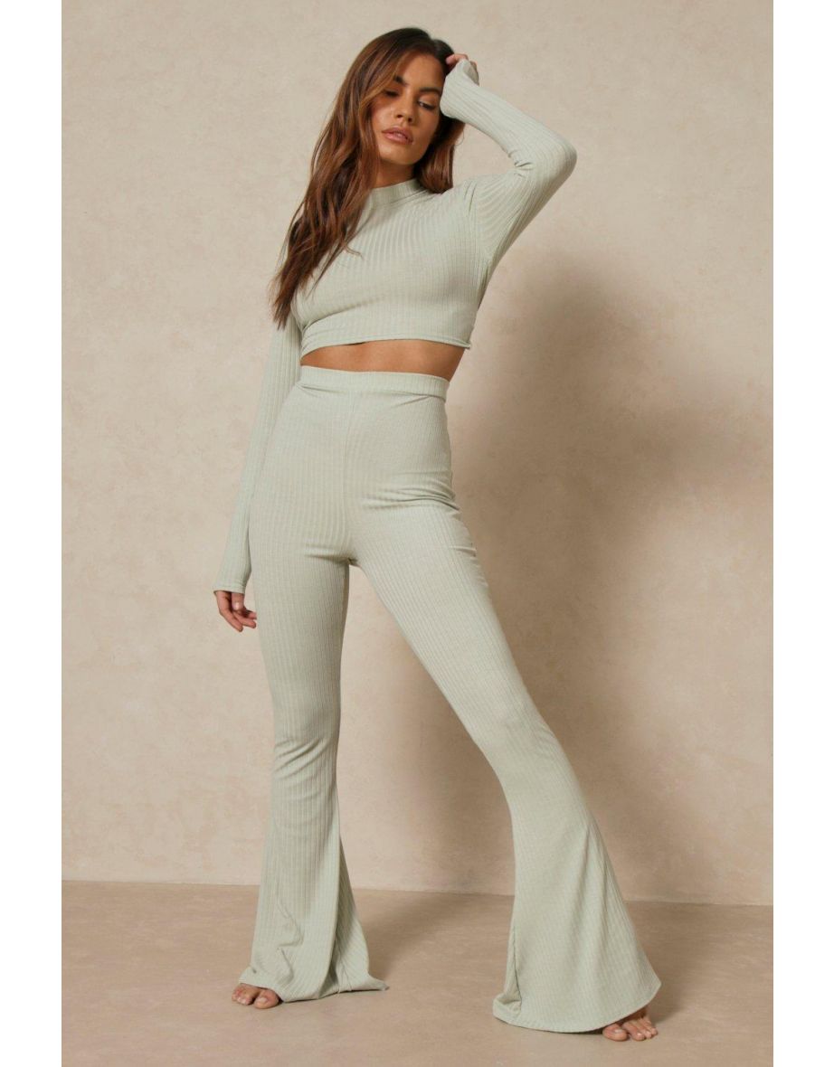 Soft Rib Open Back Crop And Flare Set - 2